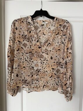 Joie Floral V-Neck Long Sleeve Blouse in Beige and Cream